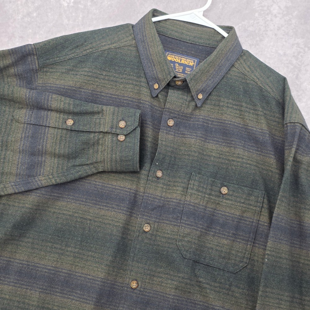Woolrich John Rich & Bros Mens XXL Tall Striped Flannel Button Down Shirt Green